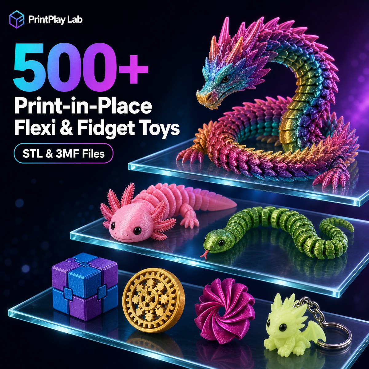 PrintPlay Lab — 500+ print-in-place flexi and fidget toys: articulated rainbow dragon, flexi axolotl, snake, infinity cube, gear coin, spiral fidget and dragon keychain