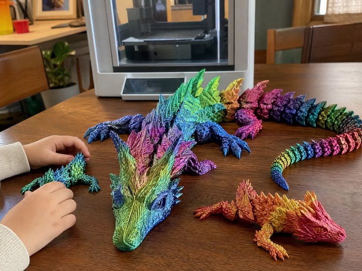 Articulated print-in-place dragons printed in rainbow PLA on a family table