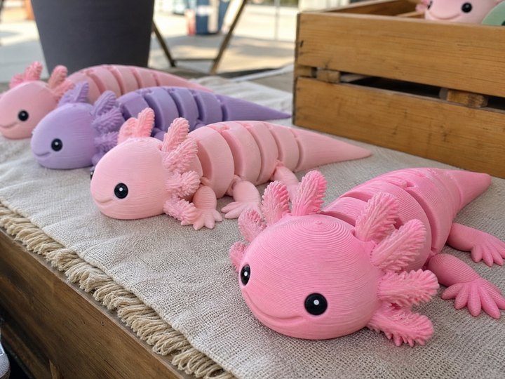 Flexi axolotls printed in pastel PLA lined up on a craft market stall
