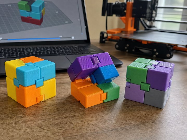 Multi-color 3D printed fidget cubes on a desk next to a slicer on screen
